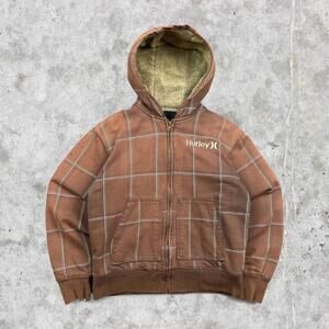2000's Hurley Faded Flannel Brown Sherpa Lined Zip Up Hoodie